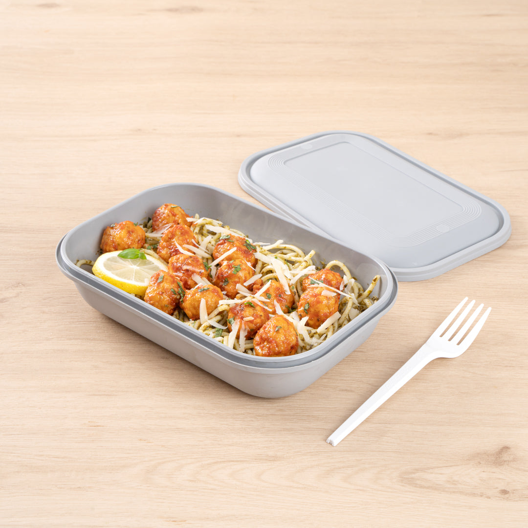 Futura 34 oz Matte Gray Plastic Tamper-Evident Take Out Container - with Lid, Microwavable - 8 3/4" x 6" x 2 1/4" - 100 count box
