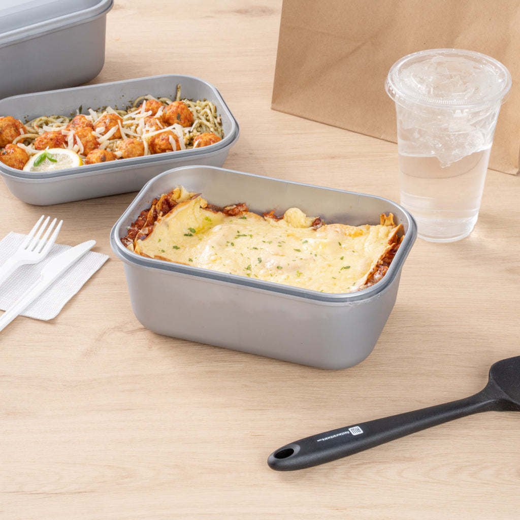 Futura 68 oz Matte Gray Plastic Tamper-Evident Take Out Container - with Lid, Microwavable - 8 3/4" x 6" x 3 3/4" - 100 count box