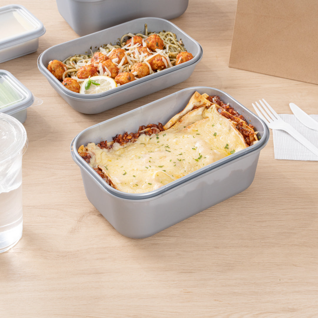 Futura 68 oz Matte Gray Plastic Tamper-Evident Take Out Container - with Lid, Microwavable - 8 3/4" x 6" x 3 3/4" - 100 count box