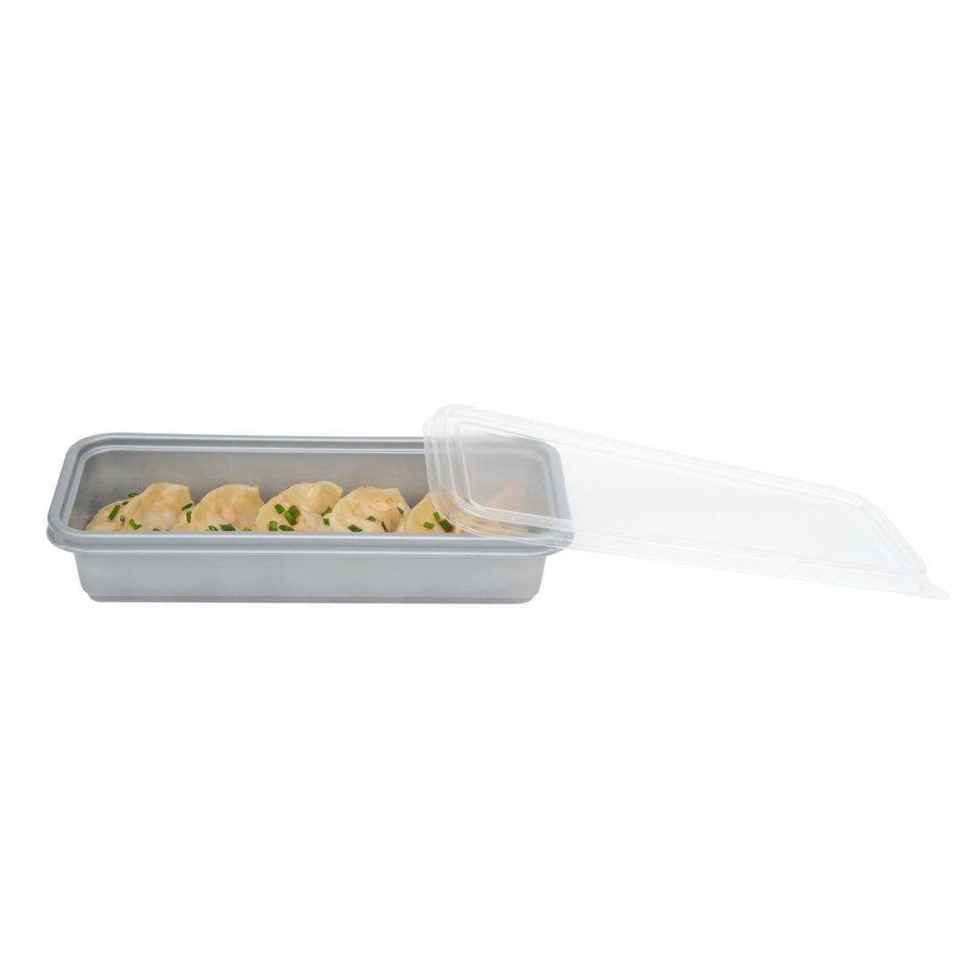 Futura 20 oz Silver Plastic Catering Container - with Clear Lid, Microwavable - 8 3/4" x 3 3/4" x 1 3/4" - 100 count box
