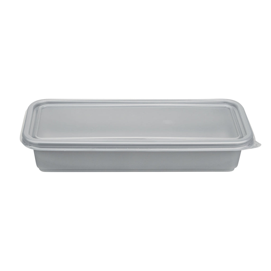 Futura 20 oz Silver Plastic Catering Container - with Clear Lid, Microwavable - 8 3/4" x 3 3/4" x 1 3/4" - 100 count box