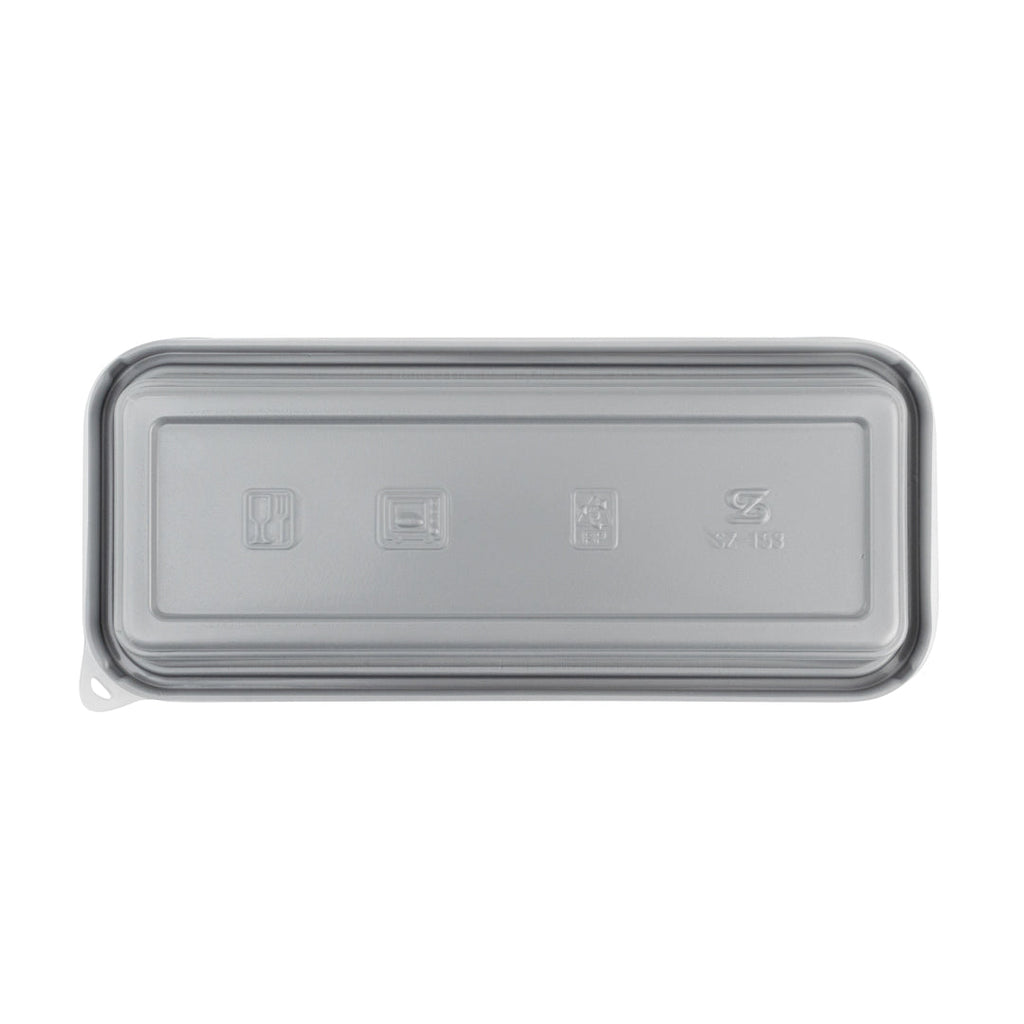 Futura 20 oz Silver Plastic Catering Container - with Clear Lid, Microwavable - 8 3/4" x 3 3/4" x 1 3/4" - 100 count box