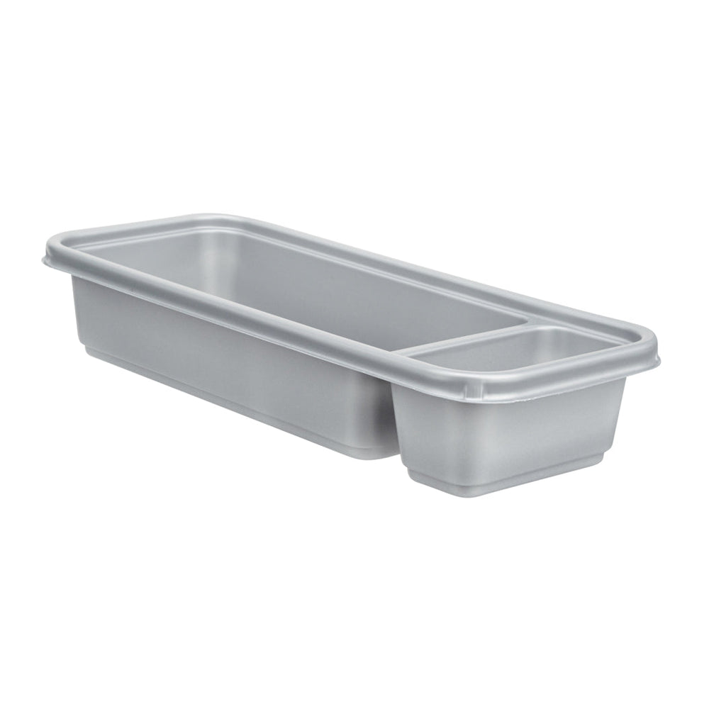 Futura 20 oz Silver Plastic 2-Compartment Catering Container - with Clear Lid, Microwavable - 8 3/4" x 3 3/4" x 1 3/4" - 100 count box