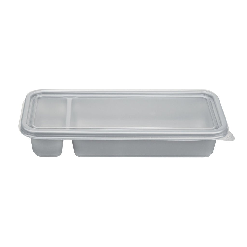 Futura 20 oz Silver Plastic 2-Compartment Catering Container - with Clear Lid, Microwavable - 8 3/4" x 3 3/4" x 1 3/4" - 100 count box