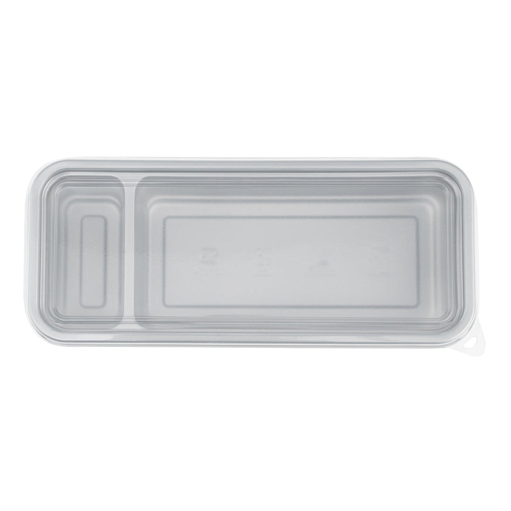 Futura 20 oz Silver Plastic 2-Compartment Catering Container - with Clear Lid, Microwavable - 8 3/4" x 3 3/4" x 1 3/4" - 100 count box