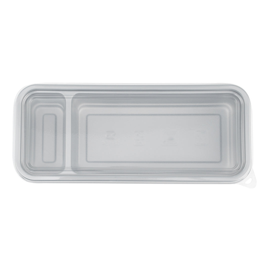 Futura 20 oz Silver Plastic 2-Compartment Catering Container - with Clear Lid, Microwavable - 8 3/4" x 3 3/4" x 1 3/4" - 100 count box