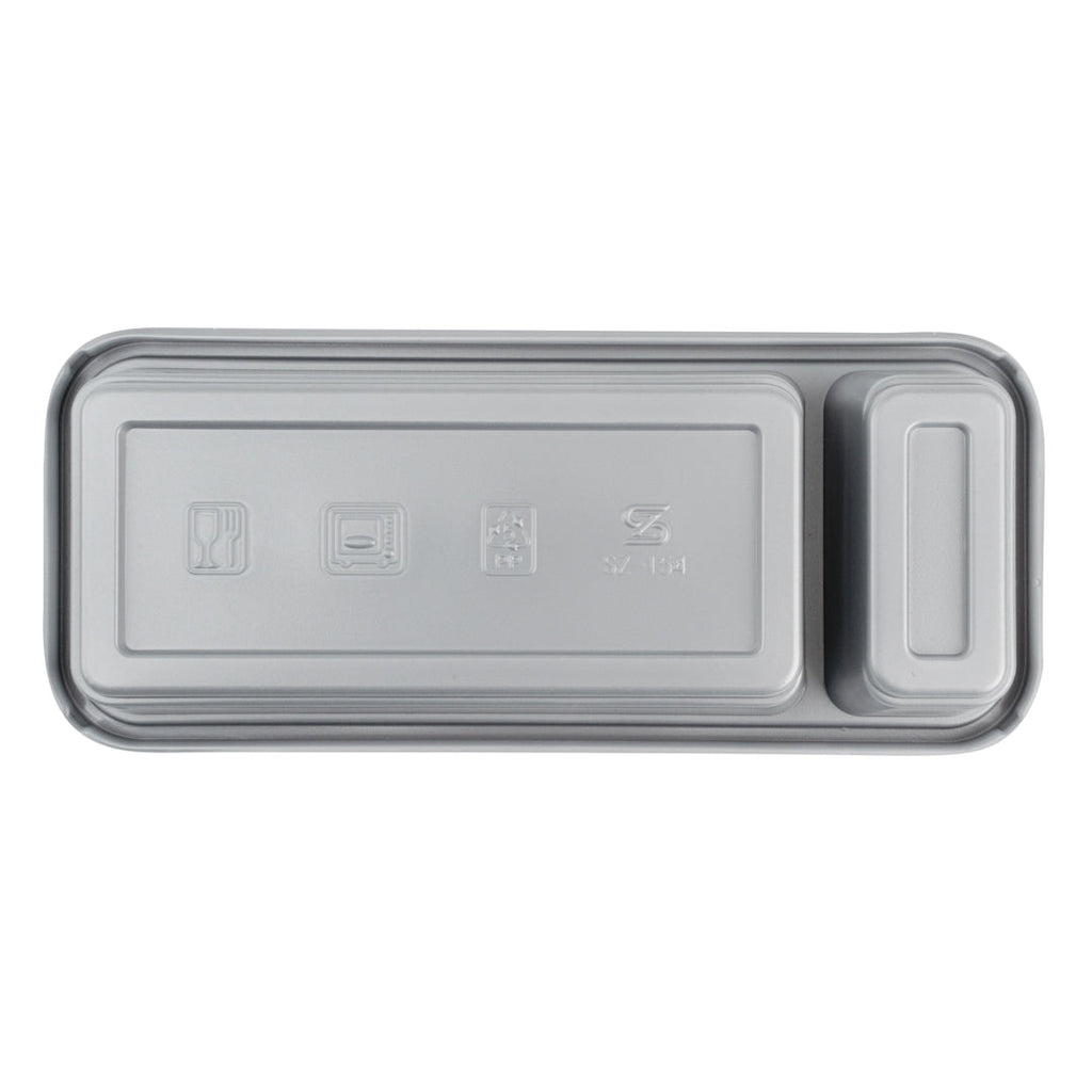 Futura 20 oz Silver Plastic 2-Compartment Catering Container - with Clear Lid, Microwavable - 8 3/4" x 3 3/4" x 1 3/4" - 100 count box