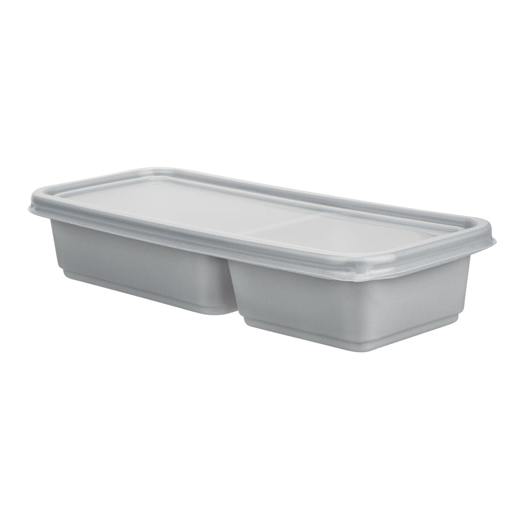 Futura 20 oz Silver Plastic Wide 2-Compartment Catering Container - with Clear Lid, Microwavable - 8 3/4" x 3 3/4" x 1 3/4" - 100 count box