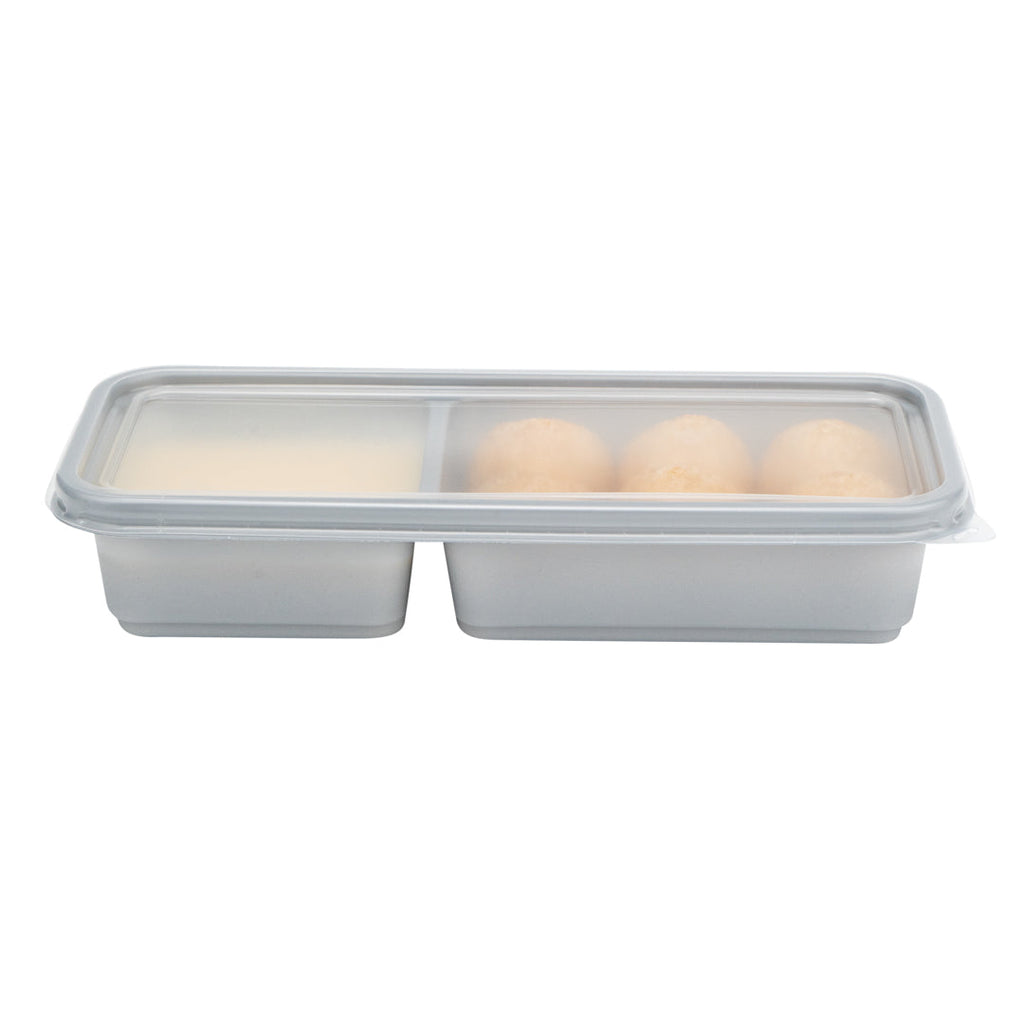 Futura 20 oz Silver Plastic Wide 2-Compartment Catering Container - with Clear Lid, Microwavable - 8 3/4" x 3 3/4" x 1 3/4" - 100 count box