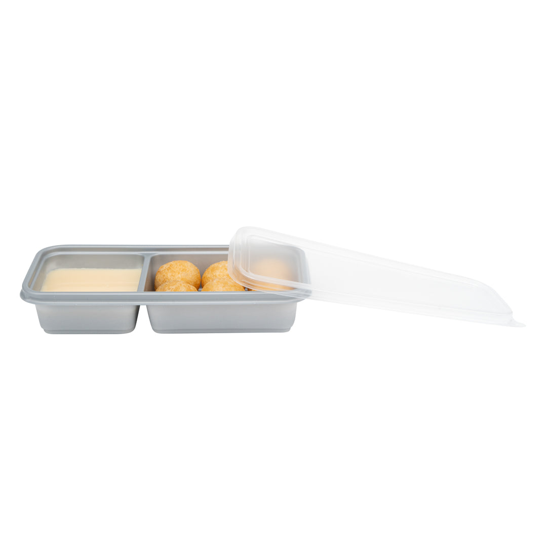 Futura 20 oz Silver Plastic Wide 2-Compartment Catering Container - with Clear Lid, Microwavable - 8 3/4" x 3 3/4" x 1 3/4" - 100 count box