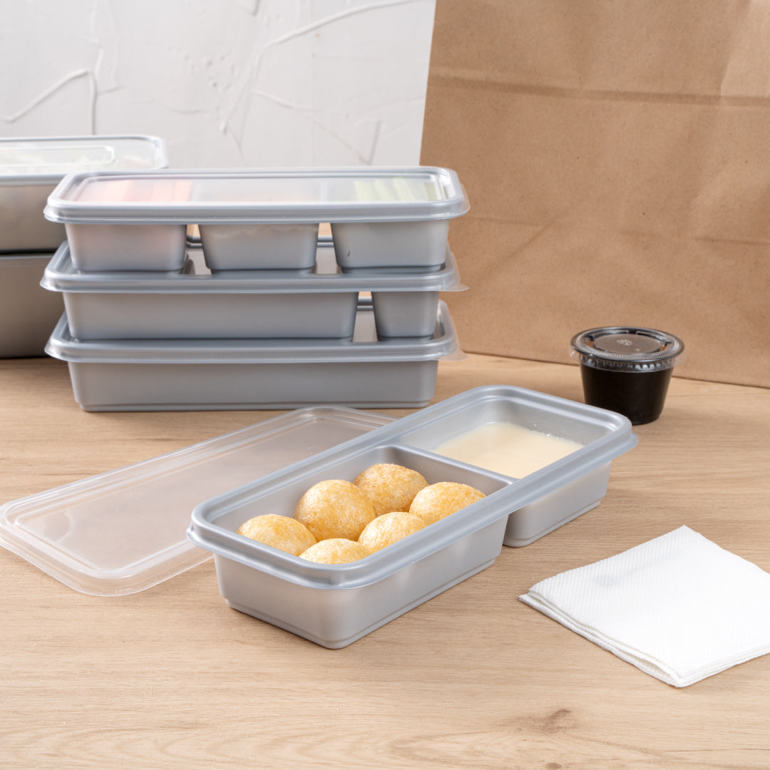 Futura 20 oz Silver Plastic Wide 2-Compartment Catering Container - with Clear Lid, Microwavable - 8 3/4" x 3 3/4" x 1 3/4" - 100 count box