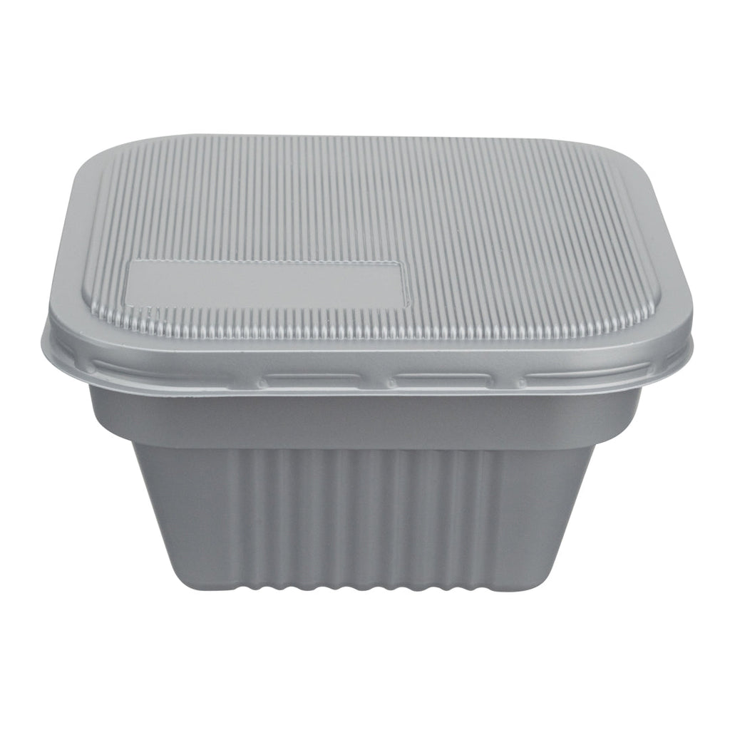 Futura 34 oz Silver Plastic Take Out Bowl - with Lid, Microwavable, Inserts Available - 6" x 6" x 3 1/4" - 100 count box