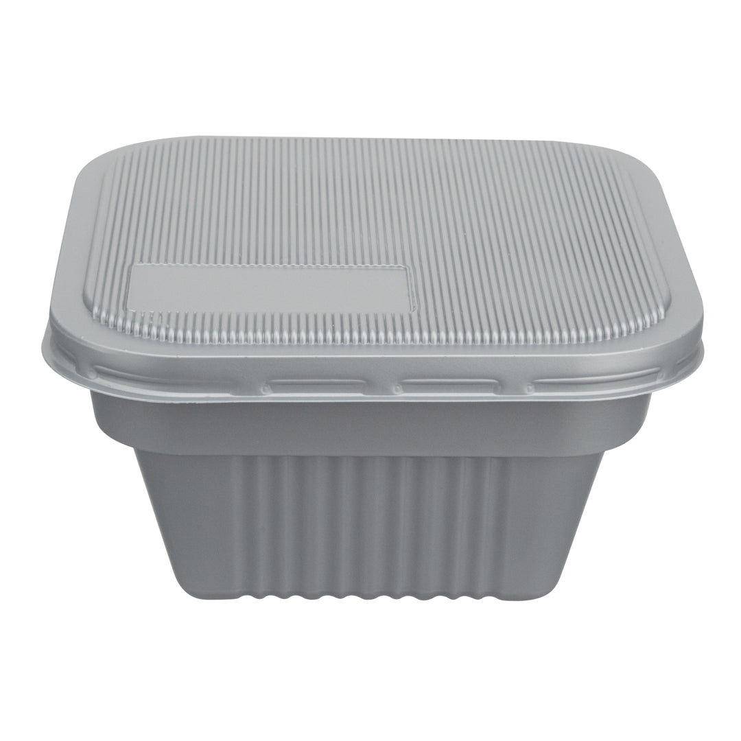 Futura 34 oz Silver Plastic Take Out Bowl - with Lid, Microwavable, Inserts Available - 6" x 6" x 3 1/4" - 100 count box