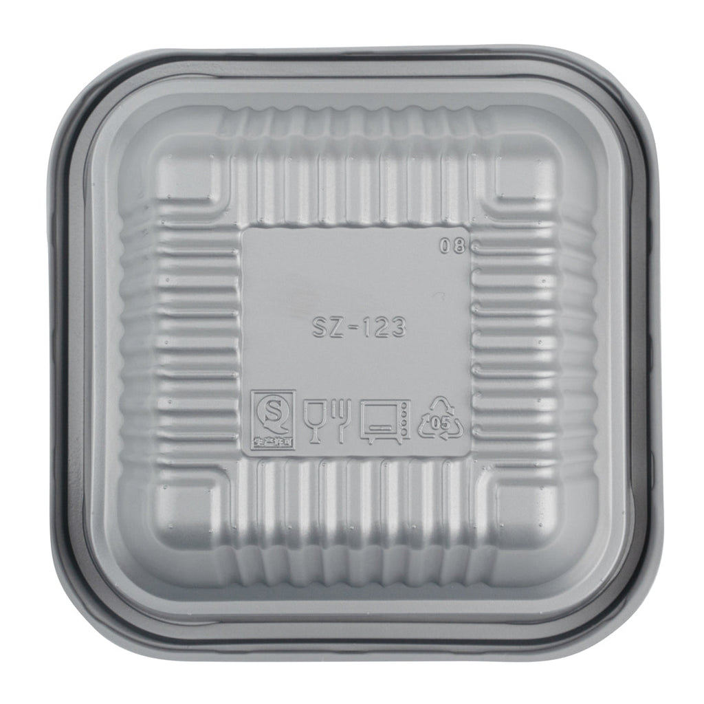 Futura 34 oz Silver Plastic Take Out Bowl - with Lid, Microwavable, Inserts Available - 6" x 6" x 3 1/4" - 100 count box
