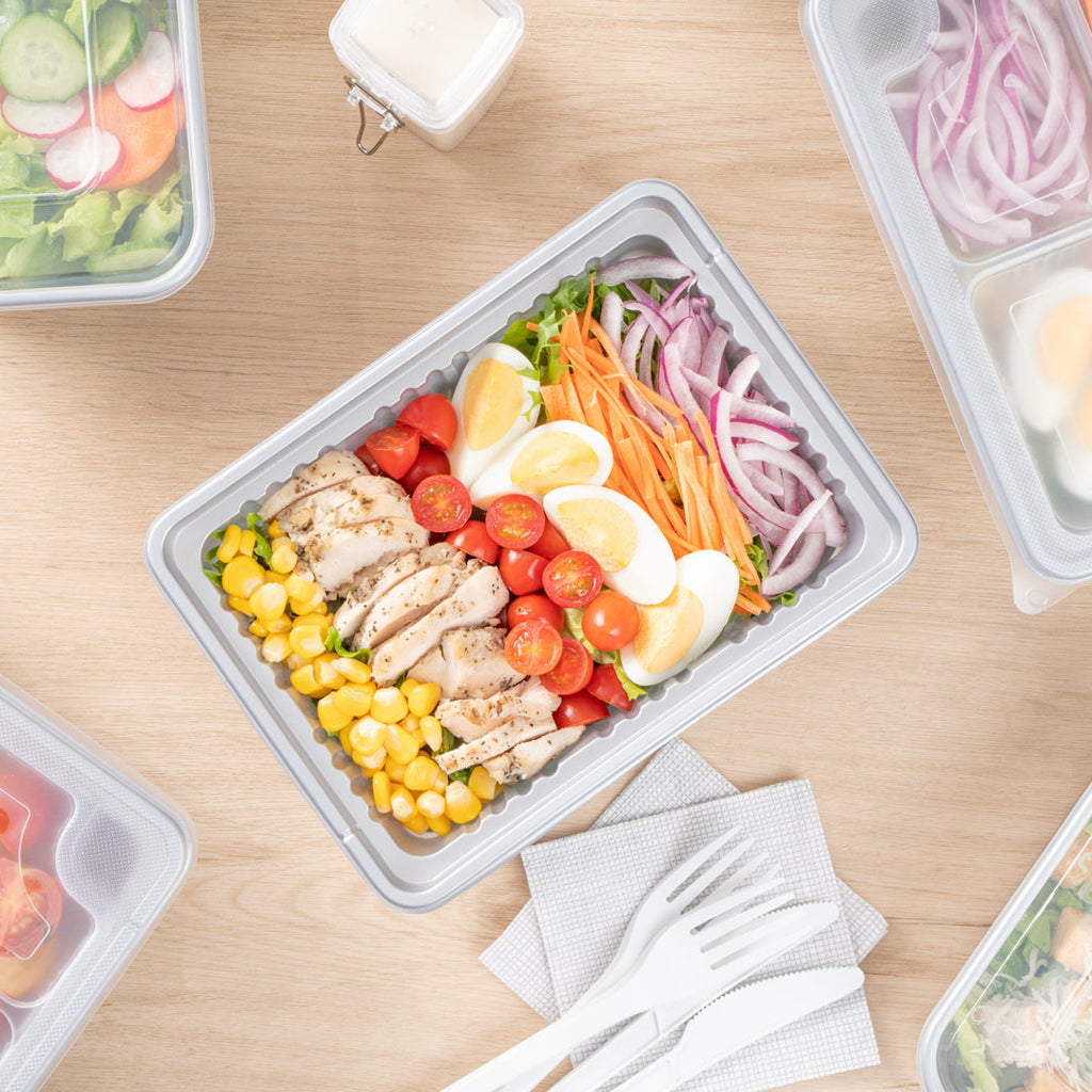 Futura 34 oz Silver Plastic Take Out Box - with Clear Lid, Microwavable, Inserts Available - 8 1/4" x 6" x 2 1/2" - 100 count box
