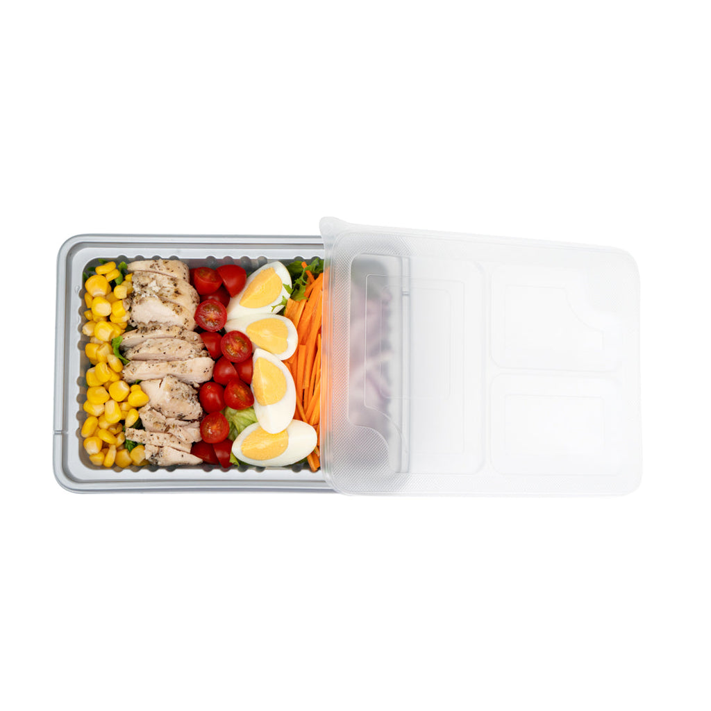 Futura 34 oz Silver Plastic Take Out Box - with Clear Lid, Microwavable, Inserts Available - 8 1/4" x 6" x 2 1/2" - 100 count box