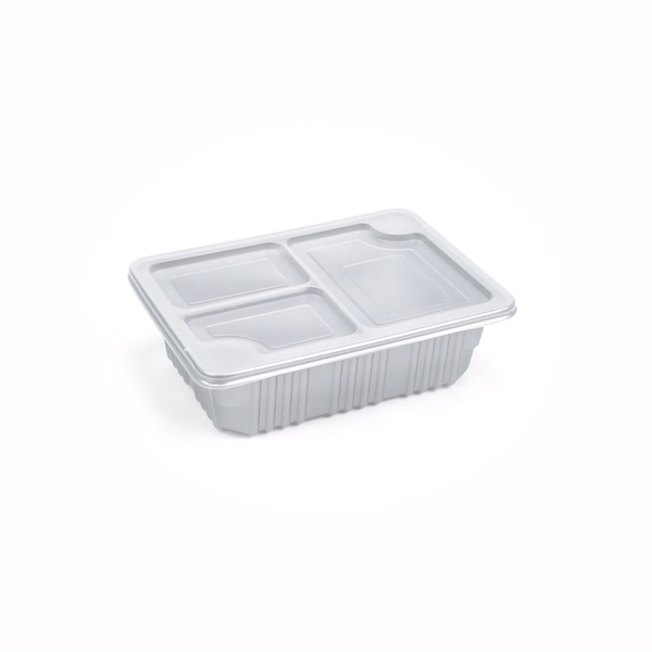 Futura 34 oz Silver Plastic Take Out Box - with Clear Lid, Microwavable, Inserts Available - 8 1/4" x 6" x 2 1/2" - 100 count box