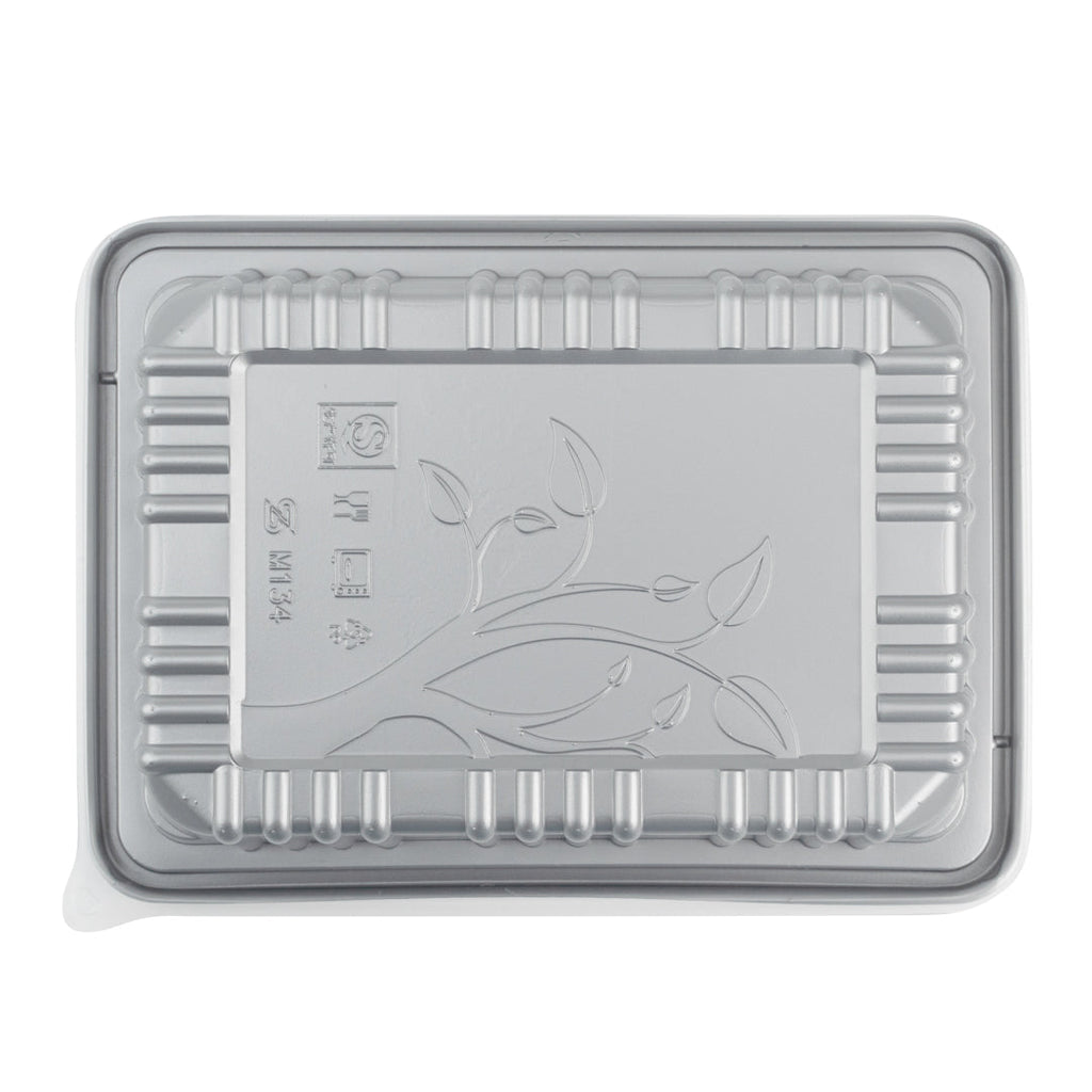 Futura 34 oz Silver Plastic Take Out Box - with Clear Lid, Microwavable, Inserts Available - 8 1/4" x 6" x 2 1/2" - 100 count box