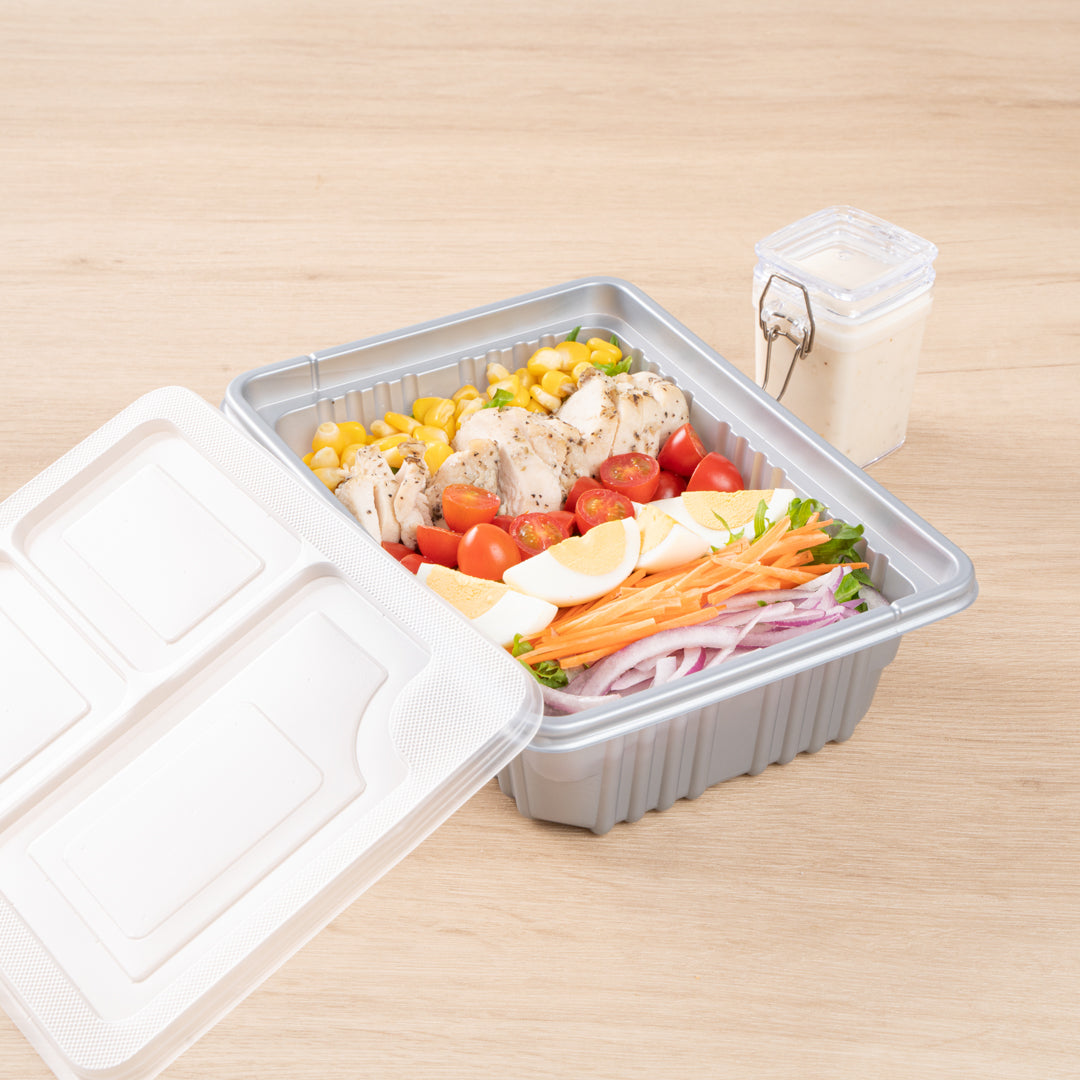 Futura 34 oz Silver Plastic Take Out Box - with Clear Lid, Microwavable, Inserts Available - 8 1/4" x 6" x 2 1/2" - 100 count box