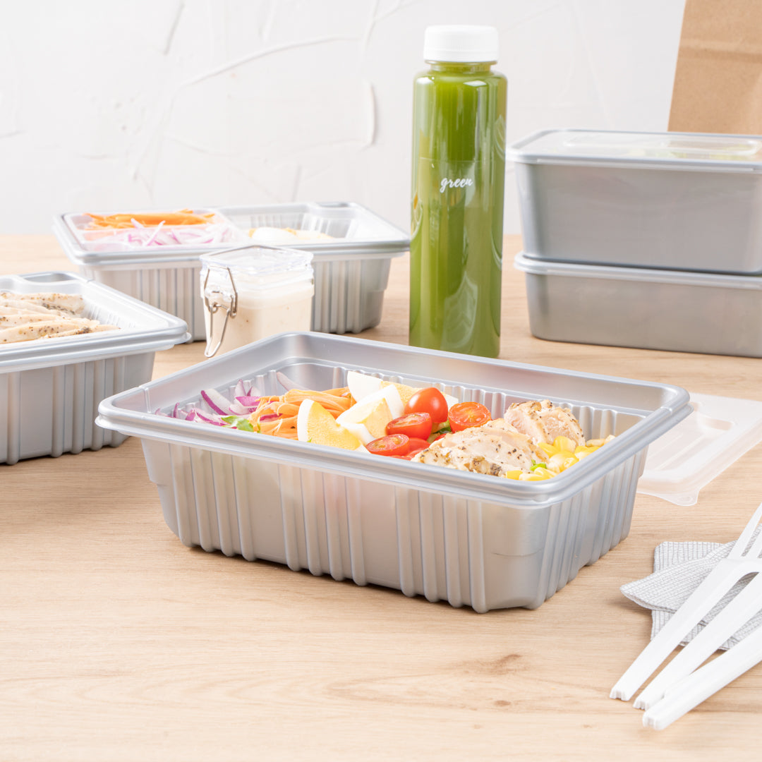 Futura 34 oz Silver Plastic Take Out Box - with Clear Lid, Microwavable, Inserts Available - 8 1/4" x 6" x 2 1/2" - 100 count box