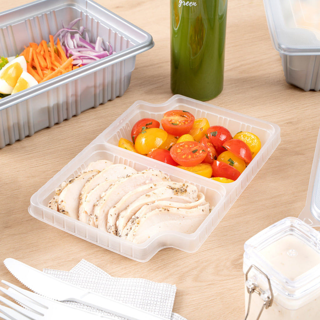 Futura 14 oz Clear Plastic 2-Compartment Insert Tray - Fits 34 oz Box, Microwavable - 100 count box