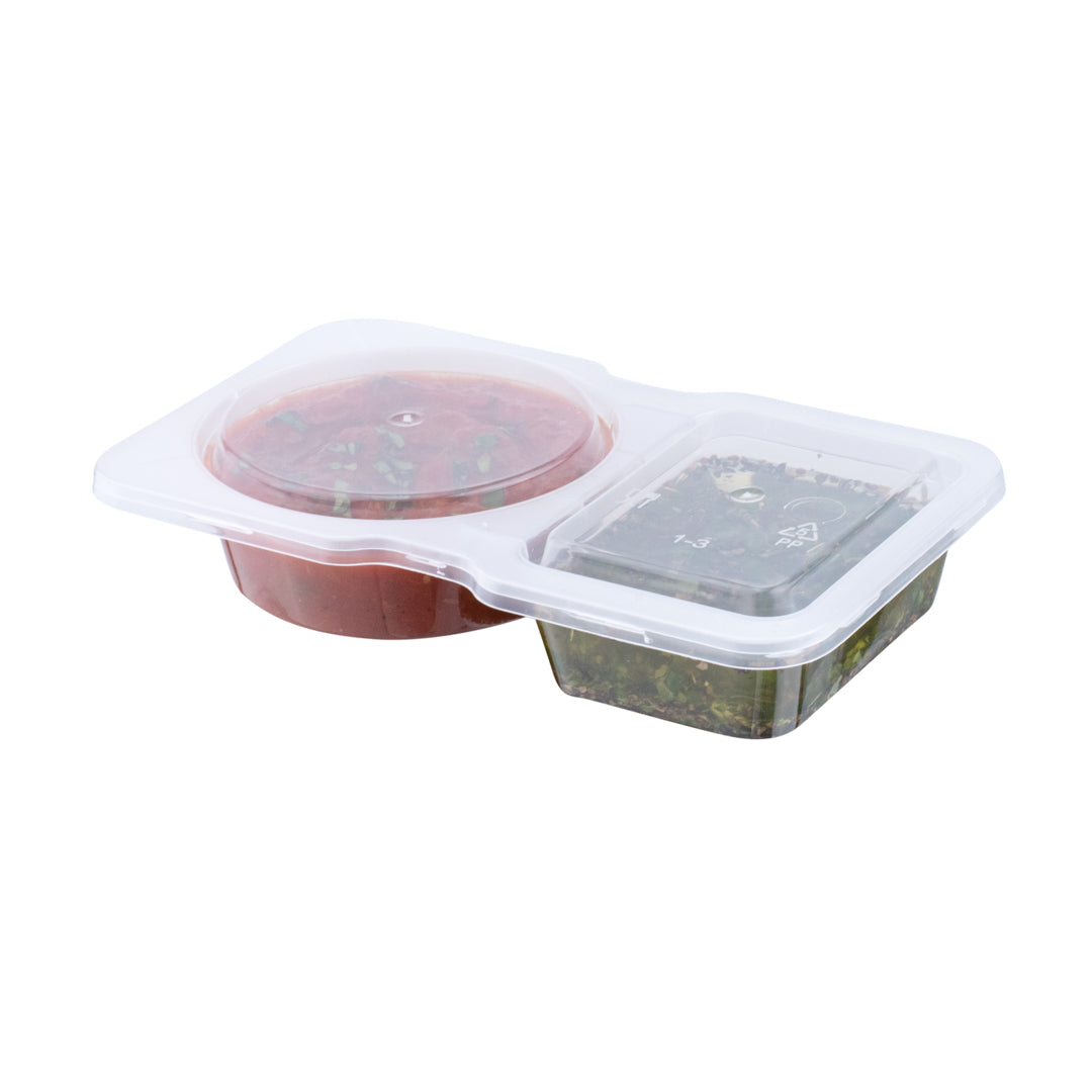 Futura 5 oz Clear Plastic Sauce Container - with Hinged Lid, 2-Compartment, Microwavable - 4" x 3 1/4" x 1" - 100 count box