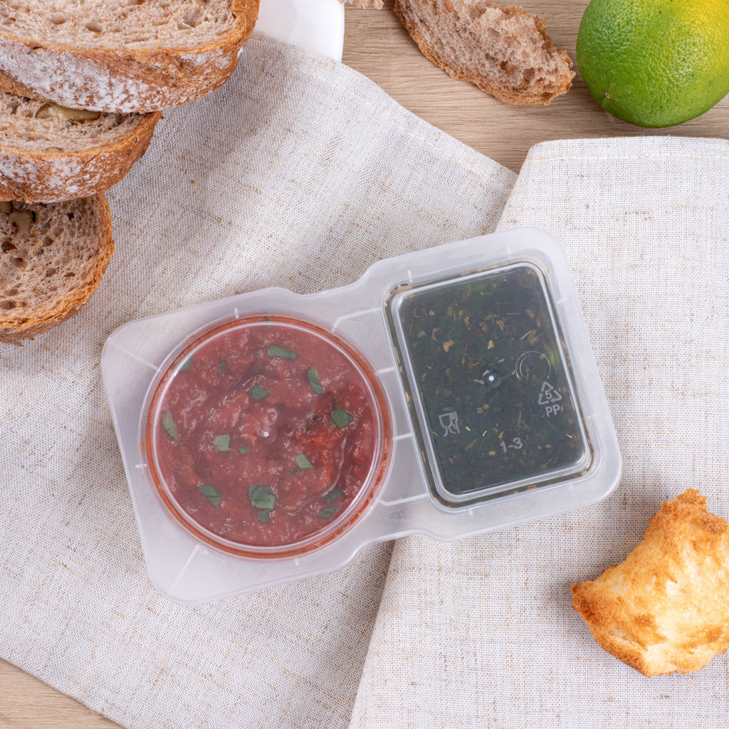 Futura 5 oz Clear Plastic Sauce Container - with Hinged Lid, 2-Compartment, Microwavable - 4" x 3 1/4" x 1" - 100 count box