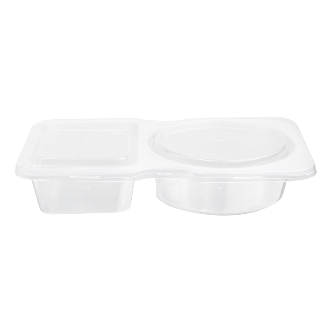 Futura 5 oz Clear Plastic Sauce Container - with Hinged Lid, 2-Compartment, Microwavable - 4" x 3 1/4" x 1" - 100 count box