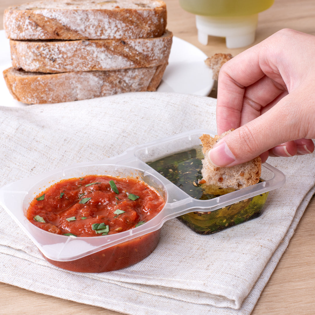 Futura 5 oz Clear Plastic Sauce Container - with Hinged Lid, 2-Compartment, Microwavable - 4" x 3 1/4" x 1" - 100 count box