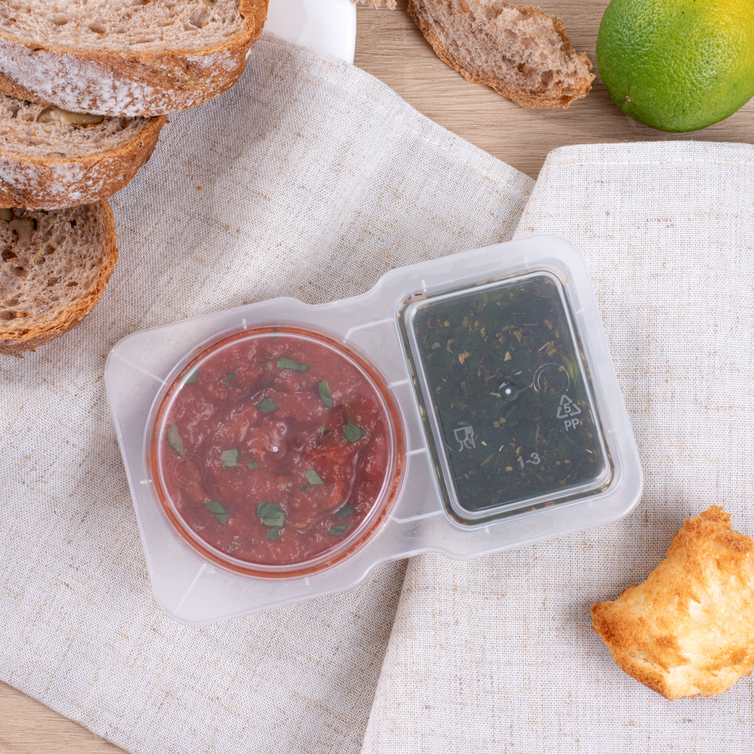 Futura 5 oz Clear Plastic Sauce Container - with Hinged Lid, 2-Compartment, Microwavable - 4" x 3 1/4" x 1" - 500 count box