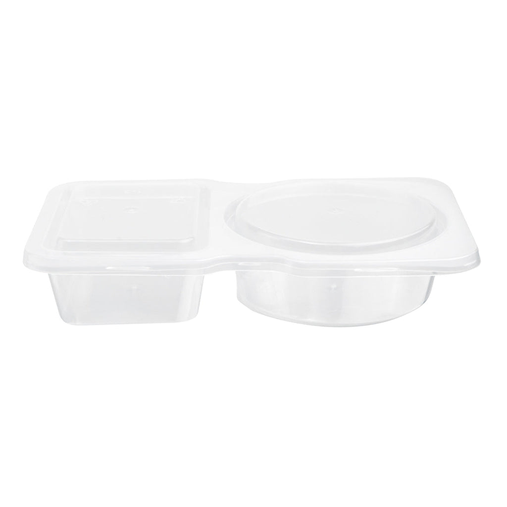 Futura 5 oz Clear Plastic Sauce Container - with Hinged Lid, 2-Compartment, Microwavable - 4" x 3 1/4" x 1" - 500 count box
