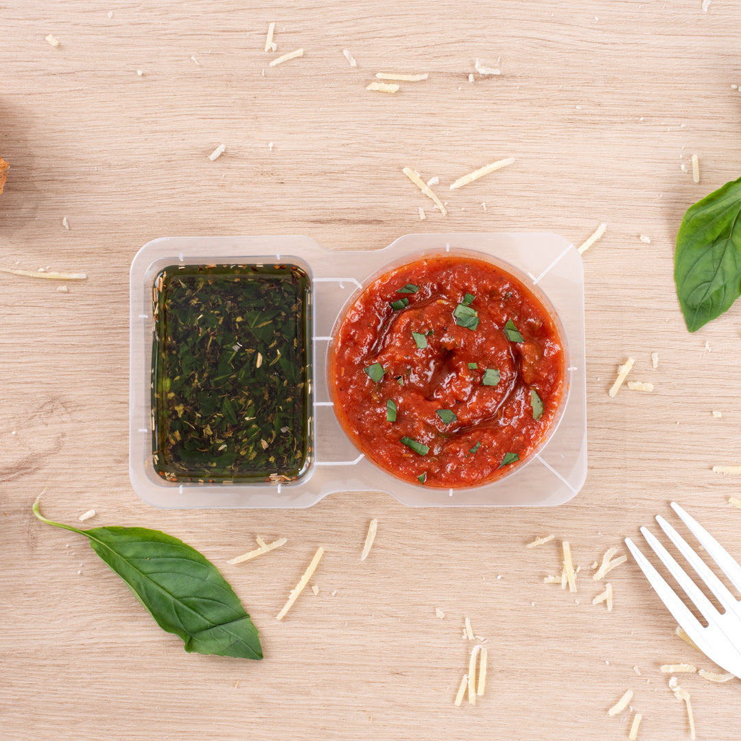 Futura 5 oz Clear Plastic Sauce Container - with Hinged Lid, 2-Compartment, Microwavable - 4" x 3 1/4" x 1" - 500 count box