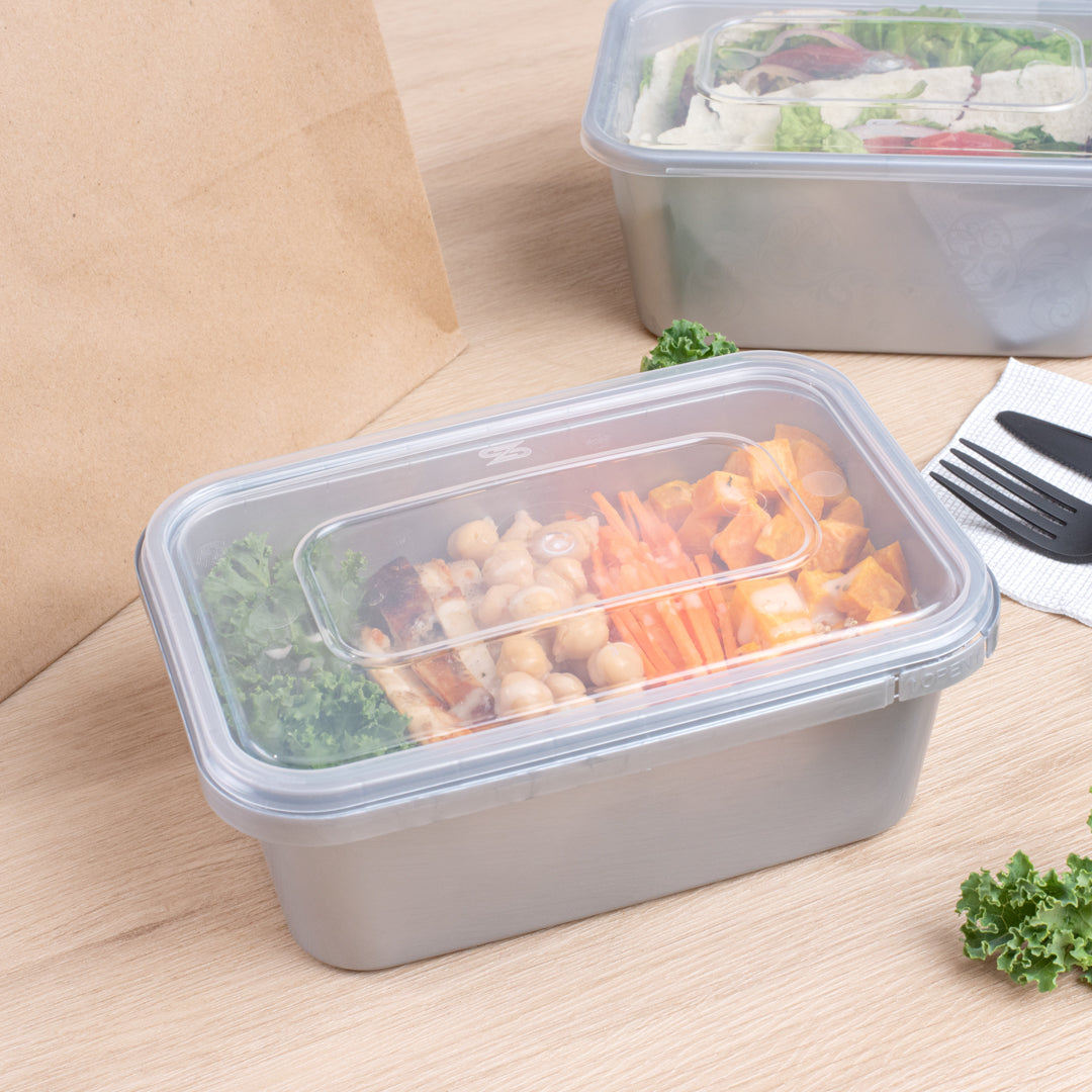Futura 35 oz Silver Plastic Tamper-Evident Container - with Clear Lid, Microwavable - 7" x 4 3/4" x 2 3/4" - 100 count box