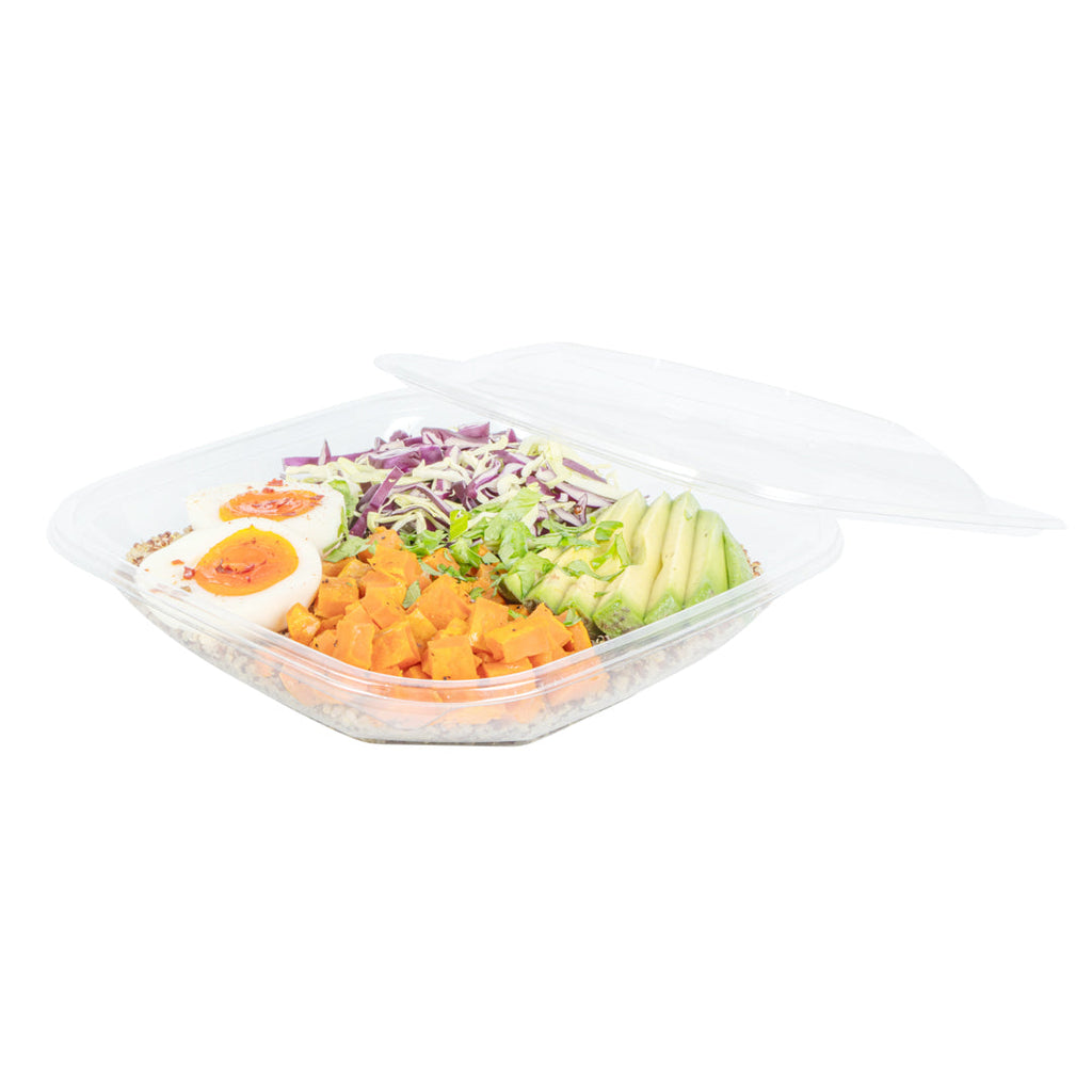 Thermo Tek 25 oz Square Clear Plastic Take Out Salad Bowl - with Lid, Anti-Fog - 7 1/2" x 7 1/2" x 2 3/4" - 100 count box