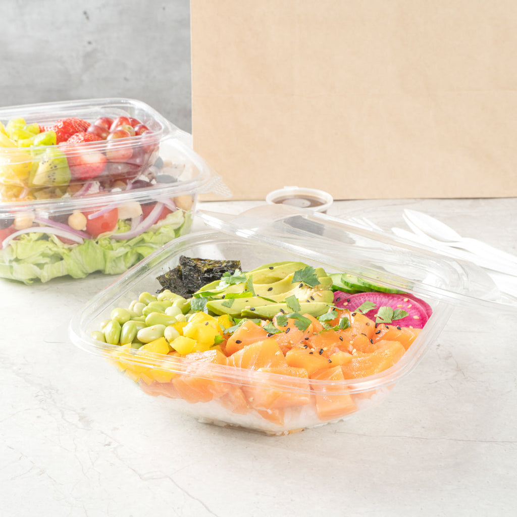 Thermo Tek 34 oz Square Clear Plastic Take Out Salad Bowl - with Lid, Anti-Fog - 7 1/2" x 7 1/2" x 3" - 100 count box
