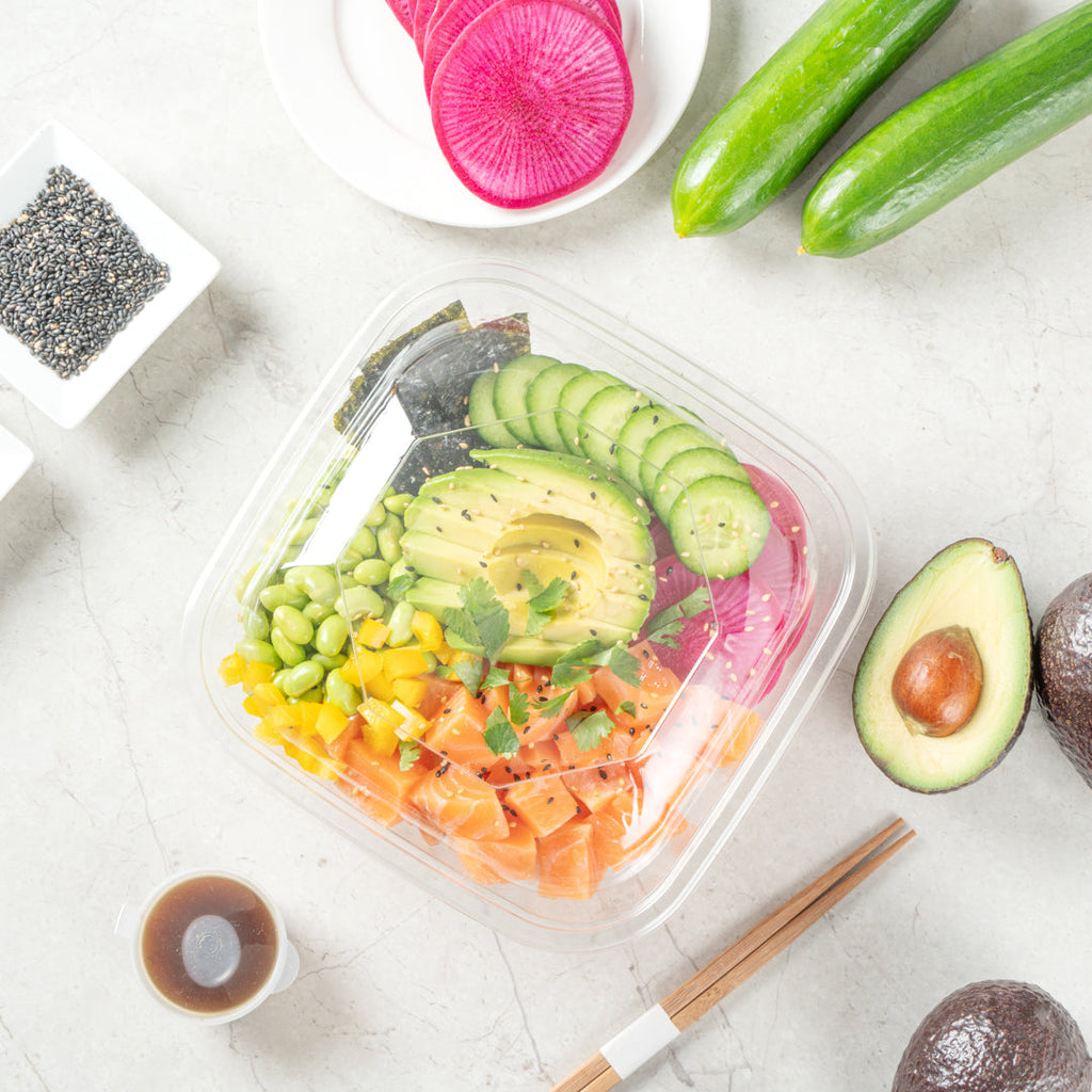 Thermo Tek 34 oz Square Clear Plastic Take Out Salad Bowl - with Lid, Anti-Fog - 7 1/2" x 7 1/2" x 3" - 100 count box
