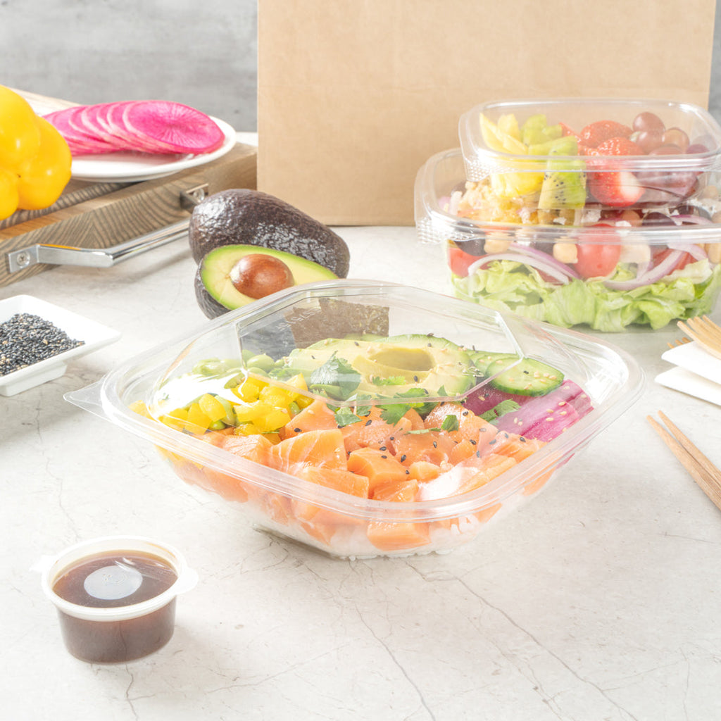 Thermo Tek 34 oz Square Clear Plastic Take Out Salad Bowl - with Lid, Anti-Fog - 7 1/2" x 7 1/2" x 3" - 100 count box