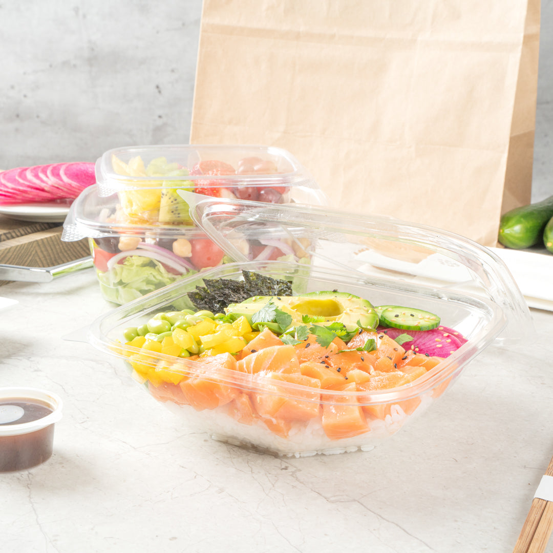 Thermo Tek 34 oz Square Clear Plastic Take Out Salad Bowl - with Lid, Anti-Fog - 7 1/2" x 7 1/2" x 3" - 100 count box