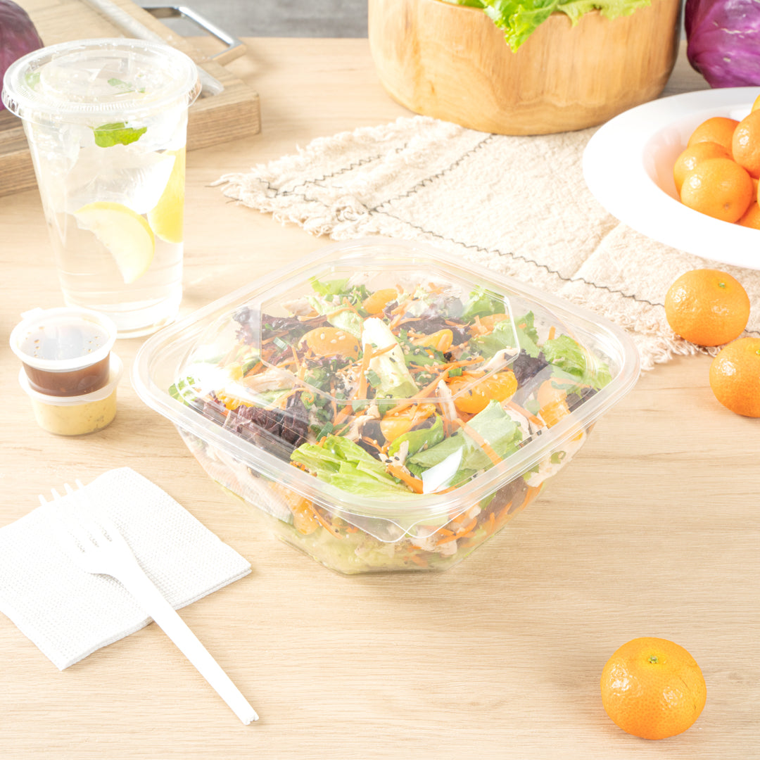 Thermo Tek 51 oz Square Clear Plastic Take Out Salad Bowl - with Lid, Anti-Fog - 7 1/2" x 7 1/2" x 4 1/4" - 100 count box