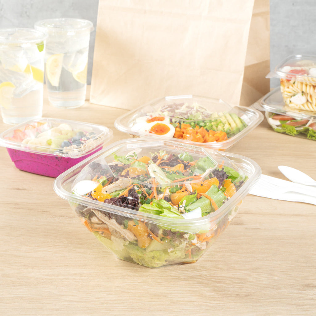 Thermo Tek 51 oz Square Clear Plastic Take Out Salad Bowl - with Lid, Anti-Fog - 7 1/2" x 7 1/2" x 4 1/4" - 100 count box