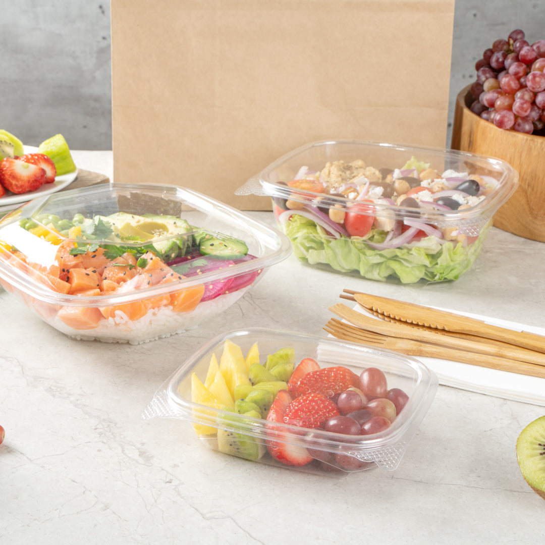 Thermo Tek 8 oz Rectangle Clear Plastic Deli / Snack Container - with Hinged Lid, Anti-Fog - 10" x 5 3/4" x 1 1/4" - 100 count box