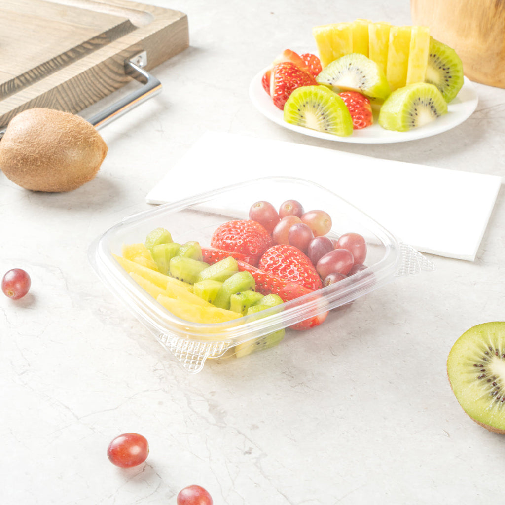 Thermo Tek 8 oz Rectangle Clear Plastic Deli / Snack Container - with Hinged Lid, Anti-Fog - 10" x 5 3/4" x 1 1/4" - 100 count box