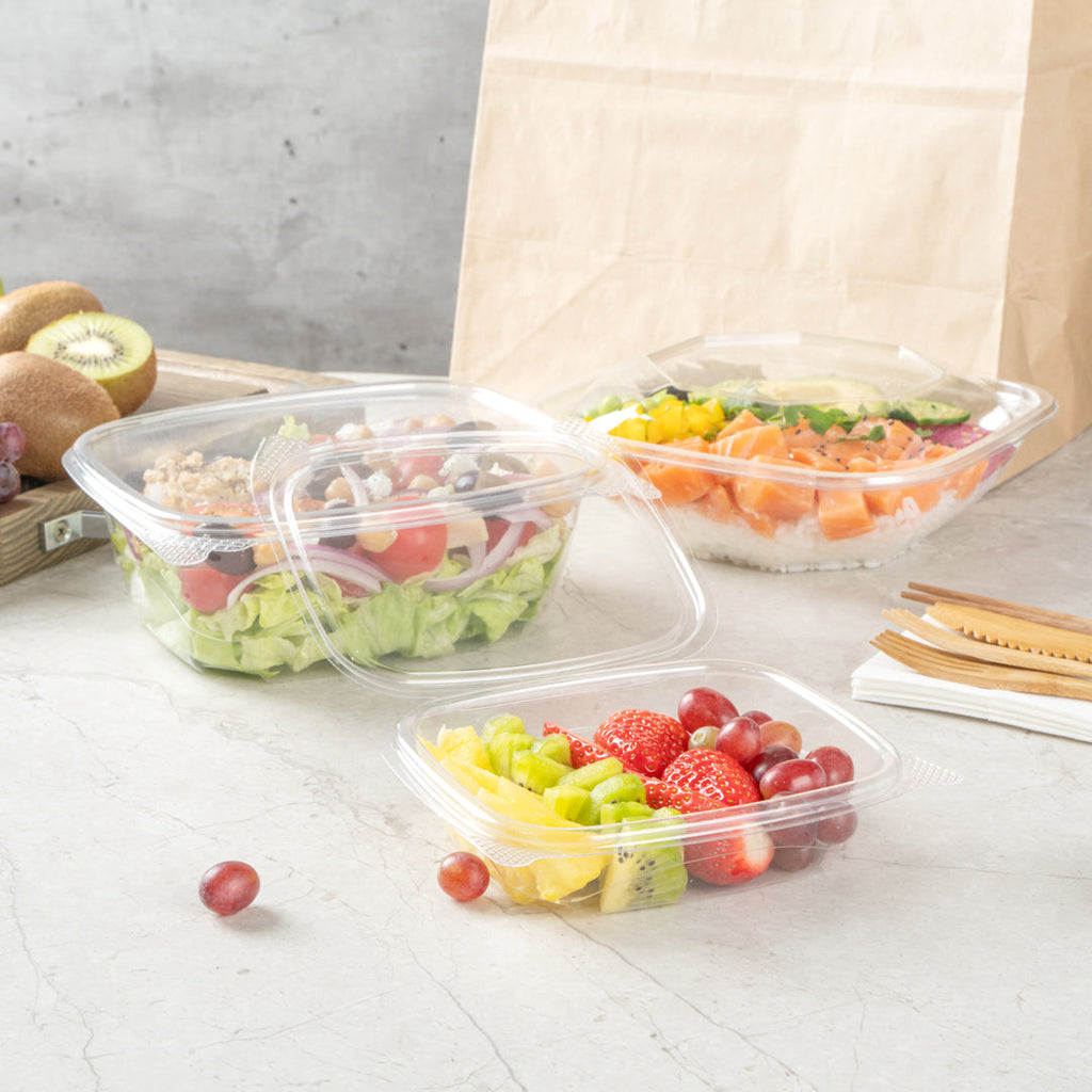 Thermo Tek 8 oz Rectangle Clear Plastic Deli / Snack Container - with Hinged Lid, Anti-Fog - 10" x 5 3/4" x 1 1/4" - 100 count box