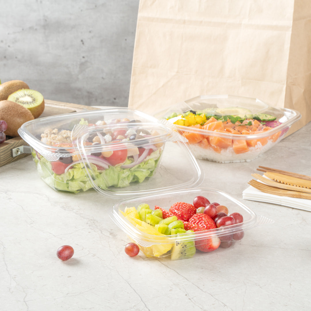 Thermo Tek 8 oz Rectangle Clear Plastic Deli / Snack Container - with Hinged Lid, Anti-Fog - 10" x 5 3/4" x 1 1/4" - 100 count box