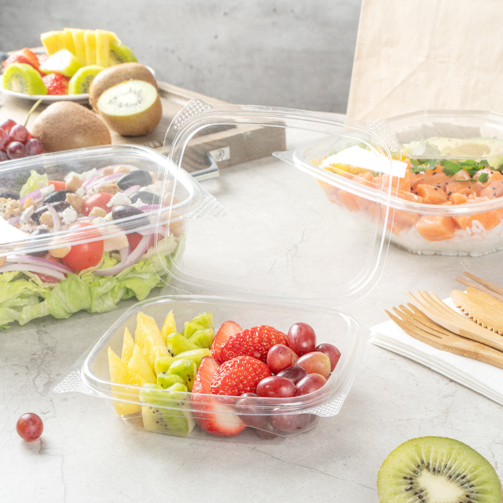 Thermo Tek 8 oz Rectangle Clear Plastic Deli / Snack Container - with Hinged Lid, Anti-Fog - 10" x 5 3/4" x 1 1/4" - 100 count box