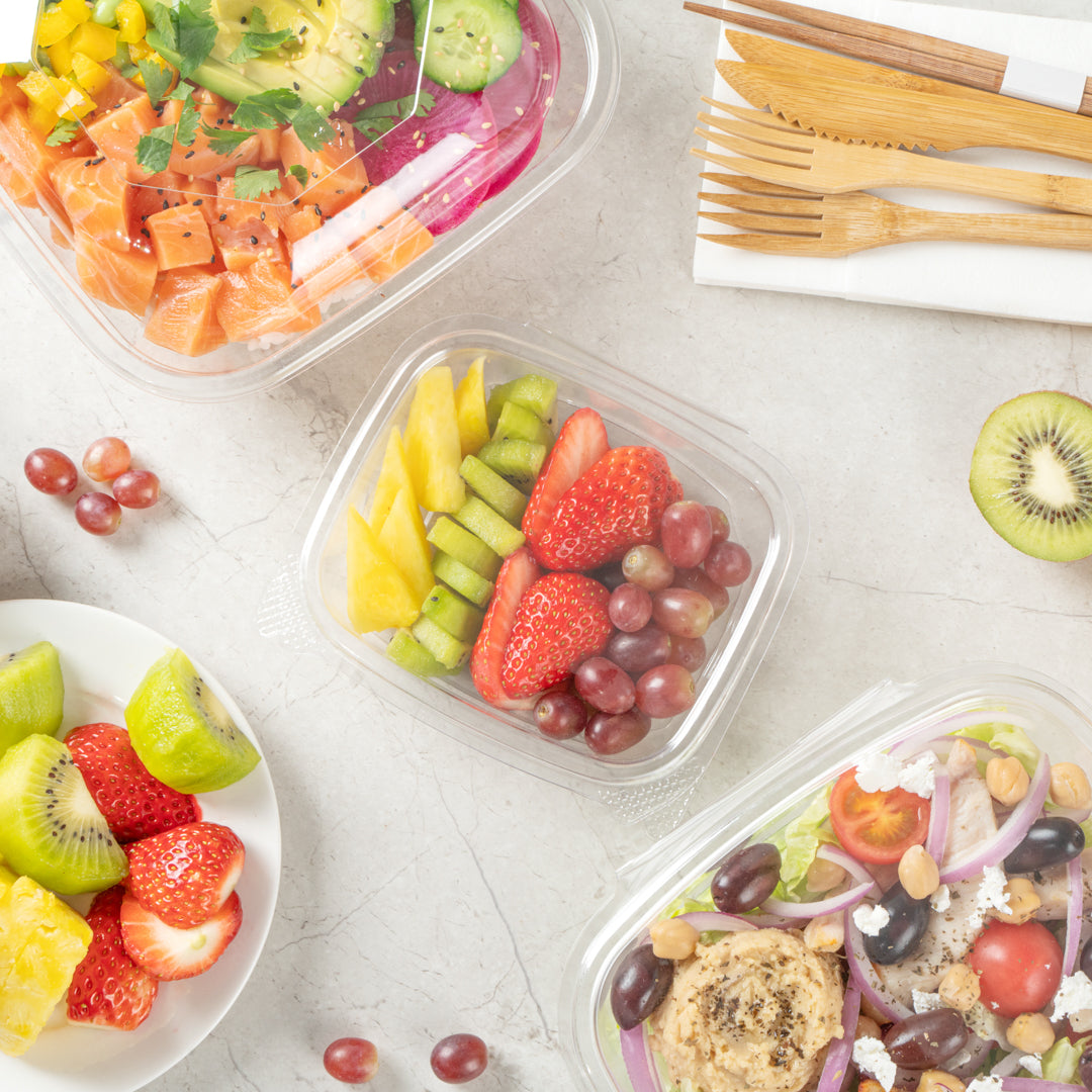 Thermo Tek 8 oz Rectangle Clear Plastic Deli / Snack Container - with Hinged Lid, Anti-Fog - 10" x 5 3/4" x 1 1/4" - 100 count box
