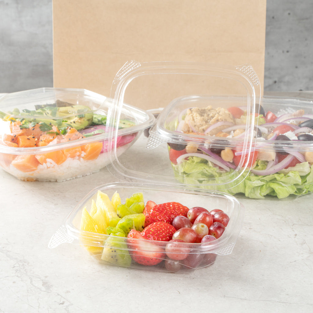 Thermo Tek 8 oz Rectangle Clear Plastic Deli / Snack Container - with Hinged Lid, Anti-Fog - 10" x 5 3/4" x 1 1/4" - 100 count box