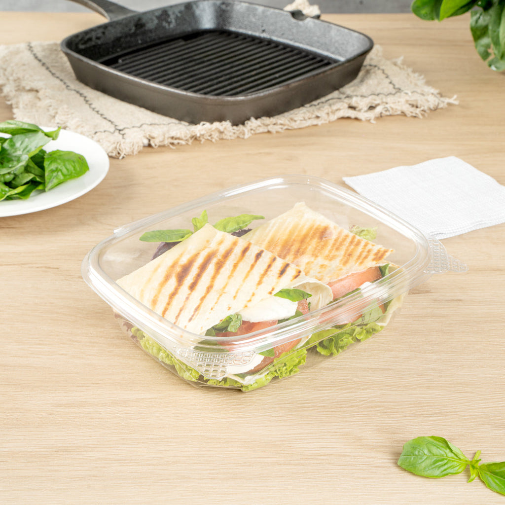 Thermo Tek 24 oz Rectangle Clear Plastic Deli / Snack Container - with Hinged Lid, Anti-Fog - 7 1/2" x 5 1/2" x 2" - 100 count box