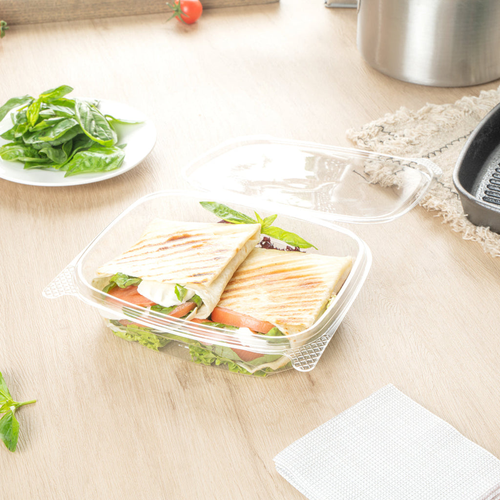 Thermo Tek 24 oz Rectangle Clear Plastic Deli / Snack Container - with Hinged Lid, Anti-Fog - 7 1/2" x 5 1/2" x 2" - 100 count box