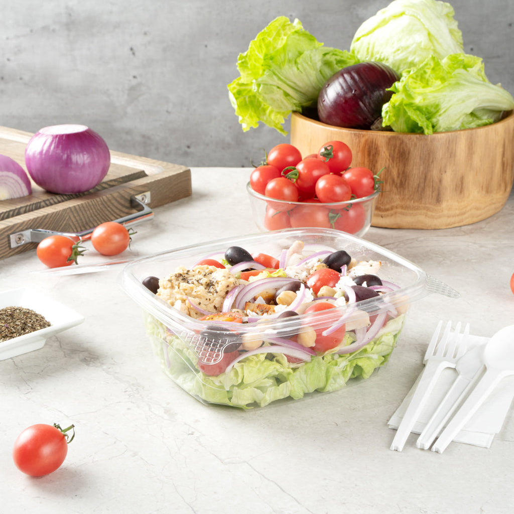 Thermo Tek 32 oz Rectangle Clear Plastic Deli / Snack Container - with Hinged Lid, Anti-Fog - 7 1/2" x 6 1/4" x 2 3/4" - 100 count box